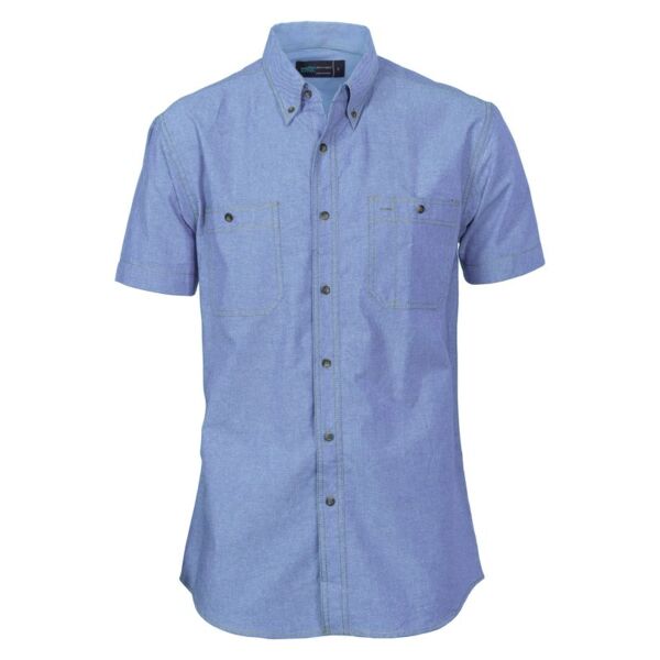 Mens Cotton Chambray Short Sleeve Shirt Twin Pocket Thumbnail